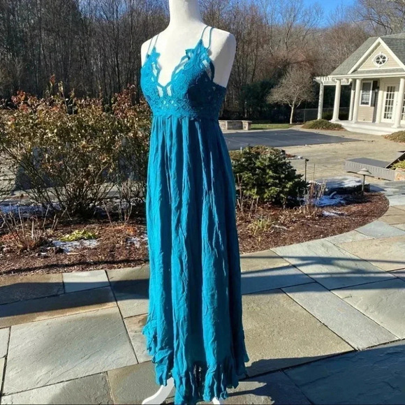 Free People Adella Maxi Slip Dress Long Lace in Teal Jewel Blue - Picture 9 of 10